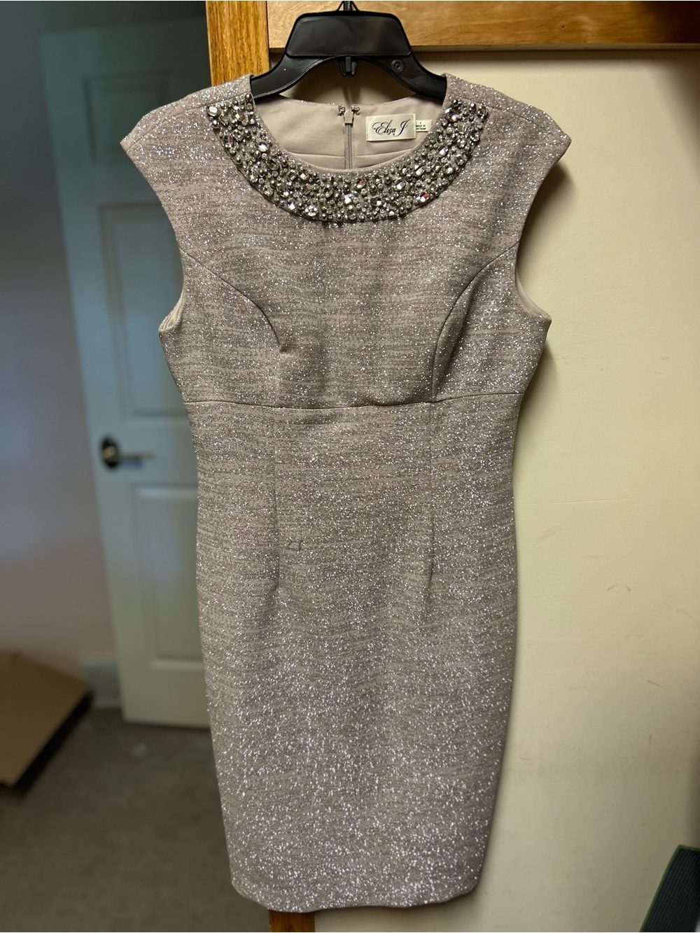Eliza J Silver-Beaded Jewel Neck Sheath Dress